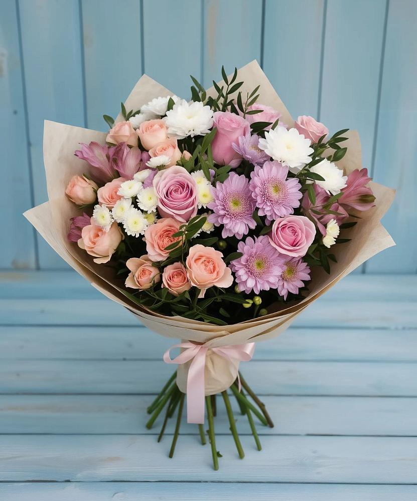 Букет цветов из: Хризантемы, Розы и Альстромерии в Лесорогске