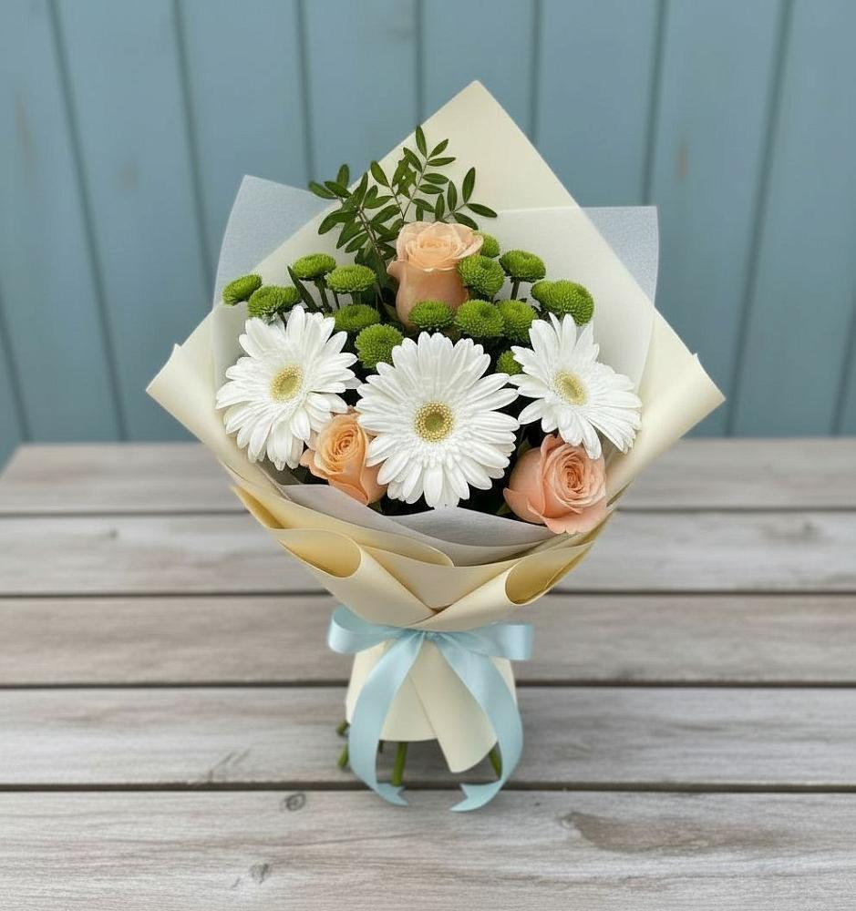 Букет цветов из: Герберы, Розы и Хризантемы в Лесорогске
