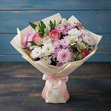 Букет цветов из:  Хризантемы, Альстромерии и Розы #REPLACE_PRED# Лесорогске